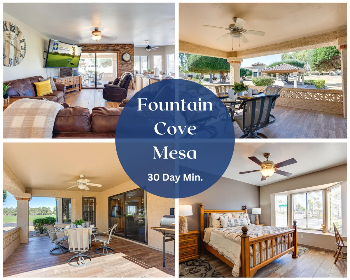 This inviting interior showcases a plush leather sofa in a sun-filled living room, a dining table elegantly set for four, and expansive windows that frame sweeping golf course and sunset views, creating a warm, welcoming ambiance ideal for relaxation or entertaining.