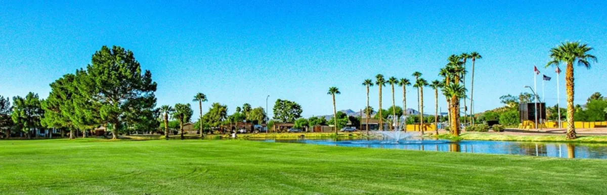 A serene view across lush green grass, dotted with palm trees and a tranquil water feature, with distant buildings in the background. This perspective conveys the peaceful, resort-like atmosphere of the Fountain of the Sun community and the golf course that the patio overlooks.